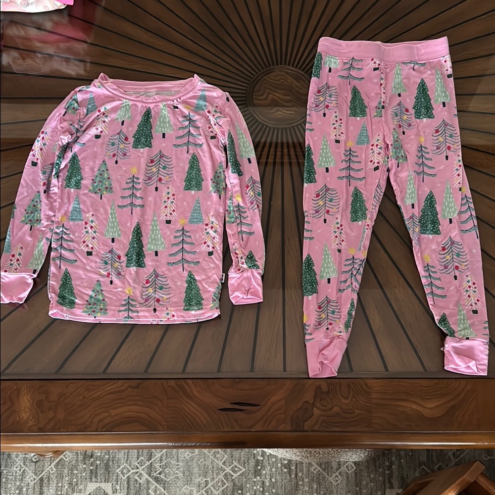 Little Sleepies Pink and Green Pajama Set with Festive Tree Design